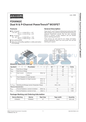 FDS8962C datasheet - Dual N & P-Channel PowerTrench MOSFET