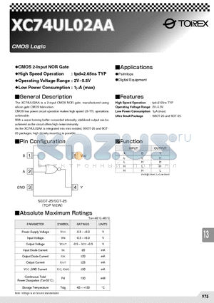XC74UL02AA datasheet - The XC74UL02AA is a 2-input CMOS NOR gate, manufactured using silicon gate CMOS fabrication.