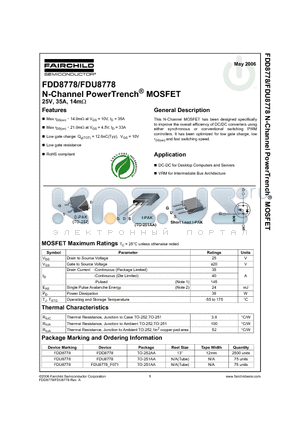 FDU8778 datasheet - N-Channel PowerTrench MOSFET 25V, 35A, 14mohm