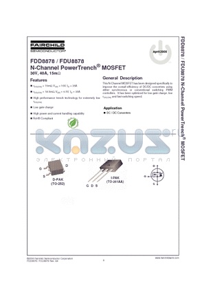 FDU8878 datasheet - N-Channel PowerTrench MOSFET 30V, 40A, 15m ohm