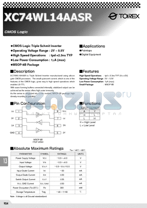 XC74WL14AASR datasheet - Triple Schmit Inverter manufactured Using silicon Gate CMOS Processes