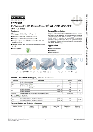 FDZ191P datasheet - P-Channel 1.5V PowerTrench^ WL-CSP MOSFET