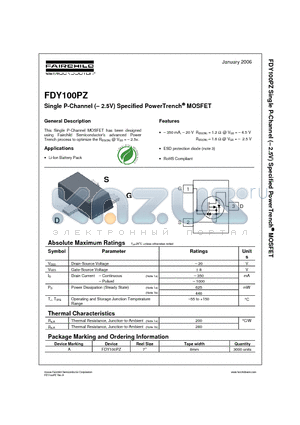 FDY100PZ datasheet - Single P-Channel (-2.5V) Specified PowerTrench MOSFET