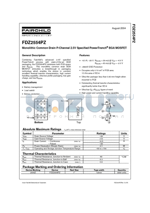 FDZ2554PZ datasheet - Monolithic Common Drain P-Channel 2.5V Specified PowerTrench BGA MOSFET