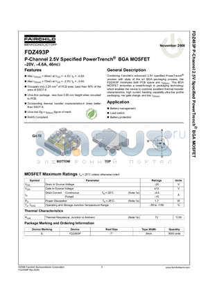 FDZ493P datasheet - P-Channel 2.5V Specified PowerTrench BGA MOSFET -20V, -4.6A, 46mohm
