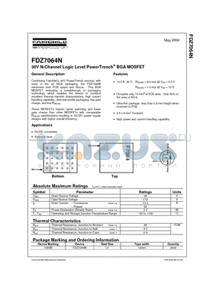 FDZ7064N datasheet - 30V N-Channel Logic Level PowerTrench BGA MOSFET
