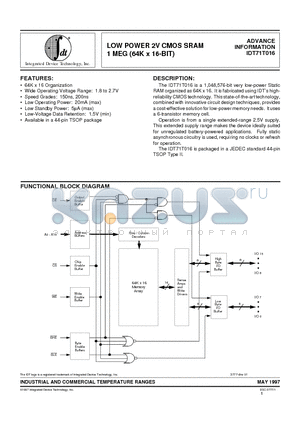 IDT71T016L200PH datasheet - LOW POWER 2V CMOS SRAM 1 MEG (64K x 16-BIT)