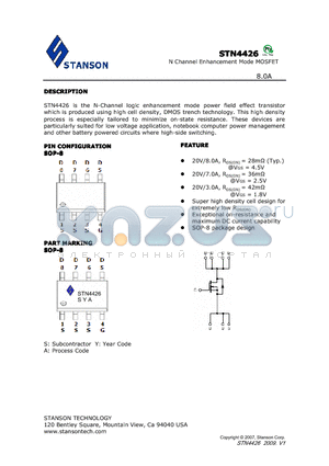 STN4426 datasheet - STN4426 is the N-Channel logic enhancement mode power field effect transistor which is produced using high cell density, DMOS trench technology.