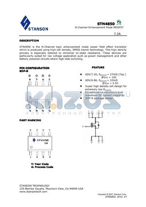 STN4850 datasheet - STN4850 is the N-Channel logic enhancement mode power field effect transistor which is produced using high cell density, DMOS trench technology.