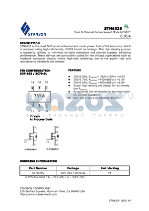 STN6335 datasheet - STN6335 is the dual N-Channel enhancement mode power field effect transistor which is produced using high cell density, DMOS trench technology.