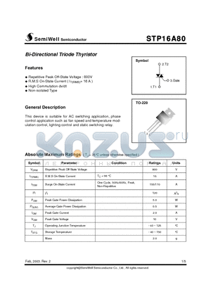 STP16A80 datasheet - Bi-Directional Triode Thyristor