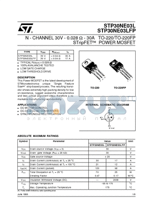 STP30NE03L datasheet - N - CHANNEL 30V - 0.028 ohm - 30A TO-220/TO-220FP STripFET  POWER MOSFET