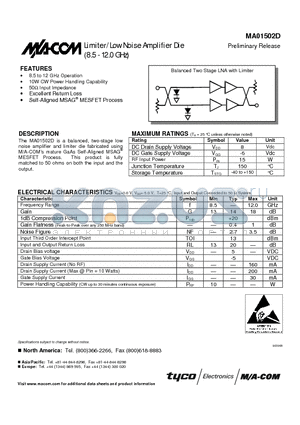 MA01502D datasheet - Limiter/Low Noise Amplifier Die Preliminary Release 8.5 - 12.0 GHz