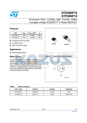 STP40NF10 datasheet - N-channel 100V - 0.025Y - 50A TO-220 / DPAK Low gate charge STripFET II Power MOSFET