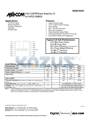MA02104AF datasheet - 3.6V 1.2W RF Power Amplifier IC for N-PCS/ISM900