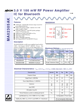 MA02305AK-SMB datasheet - 3.0 V 100 mW RF Power Amplifier IC for Bluetooth