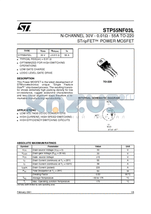 STP55NF03L datasheet - N-CHANNEL 30V - 0.01 ohm - 55A TO-220/D2PAK/I2PAK STripFET II POWER MOSFET