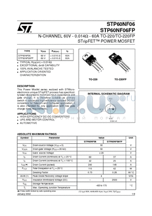 STP60NF06 datasheet - N-CHANNEL 60V - 0.014ohm - 60A TO-220/TO-220FP STripFET POWER MOSFET
