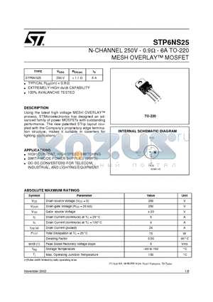 STP6NS25 datasheet - N-CHANNEL 250V - 0.9ohm - 6A TO-220 MESH OVERLAY MOSFET
