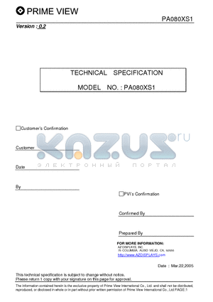 PA080XS1 datasheet - This technical specification applies to 8 color TFT-LCD module, PA080XS1