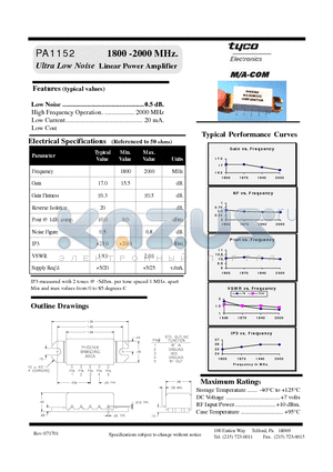 PA1152 datasheet - 1800 -2000 MHz. Ultra Low Noise Linear Power Amplifier