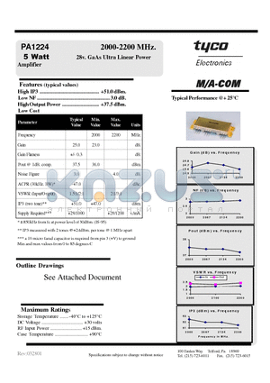 PA1224 datasheet - 2000-2200 MHz. 5 Watt 28v. GaAs Ultra Linear Power Amplifier