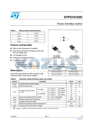 STPS10120CFP datasheet - Power Schottky rectifier