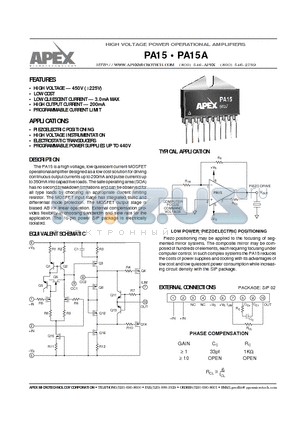 PA15A datasheet - HIGH VOLTAGE POWER OPERATIONAL AMPLIFIERS