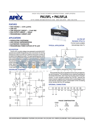 PA15FL datasheet - HIGH VOLTAGE POWER OPERATIONAL AMPLIFIERS