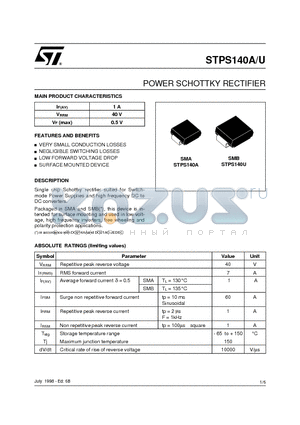 STPS140U datasheet - POWER SCHOTTKY RECTIFIER