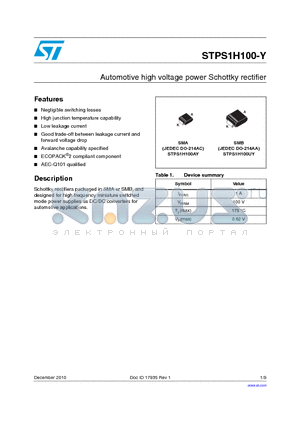 STPS1H100-Y datasheet - Automotive high voltage power Schottky rectifier