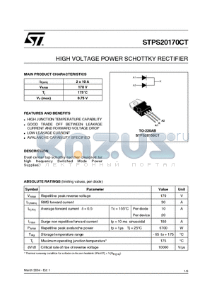 STPS20170CT datasheet - HIGH VOLTAGE POWER SCHOTTKY RECTIFIER