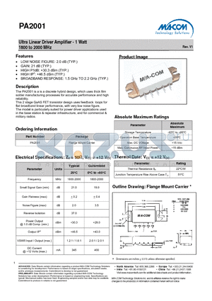 PA2001 datasheet - Ultra Linear Driver Amplifier - 1 Watt 1800 to 2000 MHz