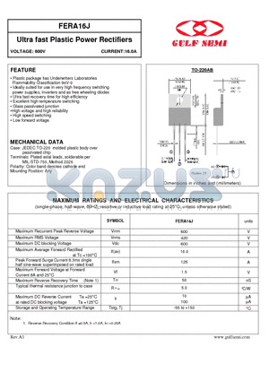 FERA16J datasheet - Ultra fast Plastic Power Rectifiers VOLTAGE: 600V CURRENT:16.0A