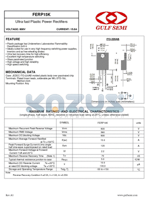 FERP15K datasheet - Ultra fast Plastic Power Rectifiers VOLTAGE: 800V CURRENT: 15.0A