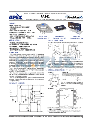 PA241 datasheet - HIGH VOLTAGE POWER OPERATIONAL AMPLIFIERS