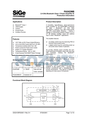 PA2423 datasheet - 2.4 GHz Bluetooth Class 1 Power Amplifier IC Production Information