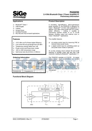 PA2423 datasheet - 2.4 GHz Bluetooth Class 1 Power Amplifier IC Preliminary Information