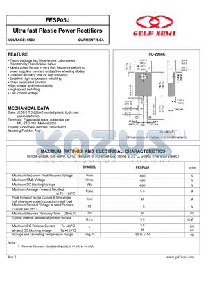 FESP05J datasheet - Ultra fast Plastic Power Rectifiers VOLTAGE: 600V CURRENT:5.0A