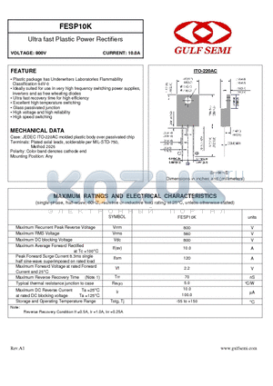 FESP10K datasheet - Ultra fast Plastic Power Rectifiers VOLTAGE: 800V CURRENT: 10.0A