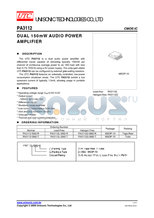 PA3112G-SM2-R datasheet - DUAL 150mW AUDIO POWER AMPLIFIER