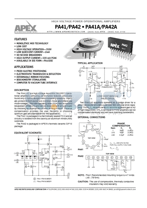 PA42A datasheet - HIGH VOLTAGE POWER OPERATIONAL AMPLIFIERS