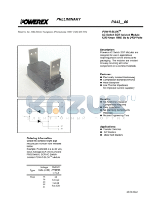 PA4306 datasheet - POW-R-BLOK AC Switch SCR Isolated Module (1330 Amps RMS, Up to 2400 Volts)