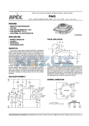 PA45 datasheet - HIGH VOLTAGE POWER OPERATIONAL AMPLIFIER