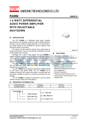 PA4894 datasheet - 1.8 WATT DIFFERENTIAL AUDIO POWER AMPLIFIER WITH SELECTABLE SHUTDOWN