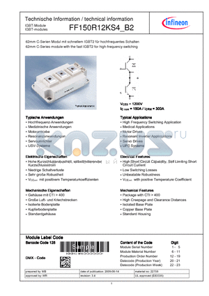 FF150R12KS4_B2 datasheet - 62mm C-Series module with the fast IGBT2 for high-frequency switching