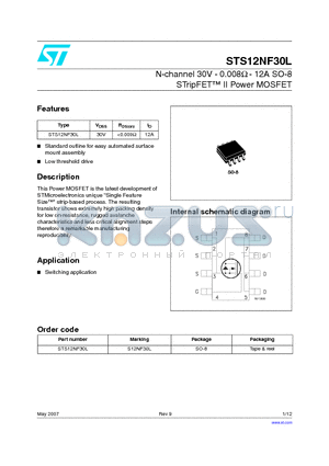 STS12NF30L_0705 datasheet - N-channel 30V - 0.008Y - 12A SO-8 STripFET II Power MOSFET