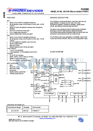 PA5388 datasheet - 100dB, 24-Bit, 192 kHz Stereo Audio CODEC