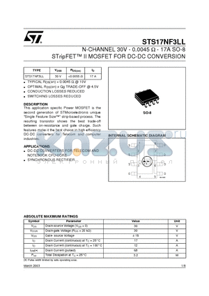 STS17NF3LL datasheet - N-CHANNEL 30V - 0.0045 ohm - 17A SO-8 STripFET II MOSFET FOR DC-DC CONVERSION