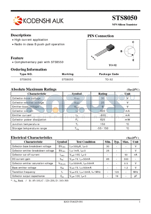 STS8050 datasheet - NPN Silicon Transistor